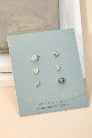 Sterling Silver Moon Star Stud Earrings Set