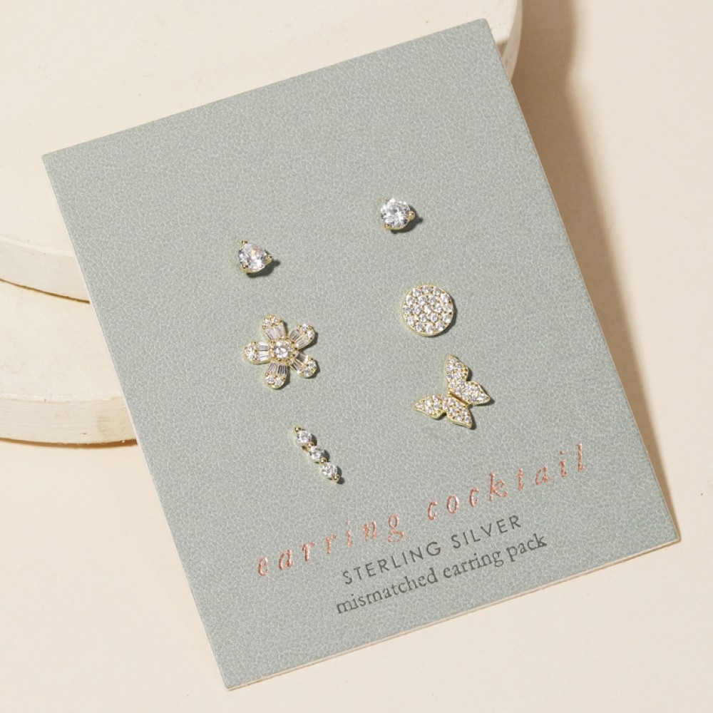 Pave Sterling Silver Flower Stud Earrings Set