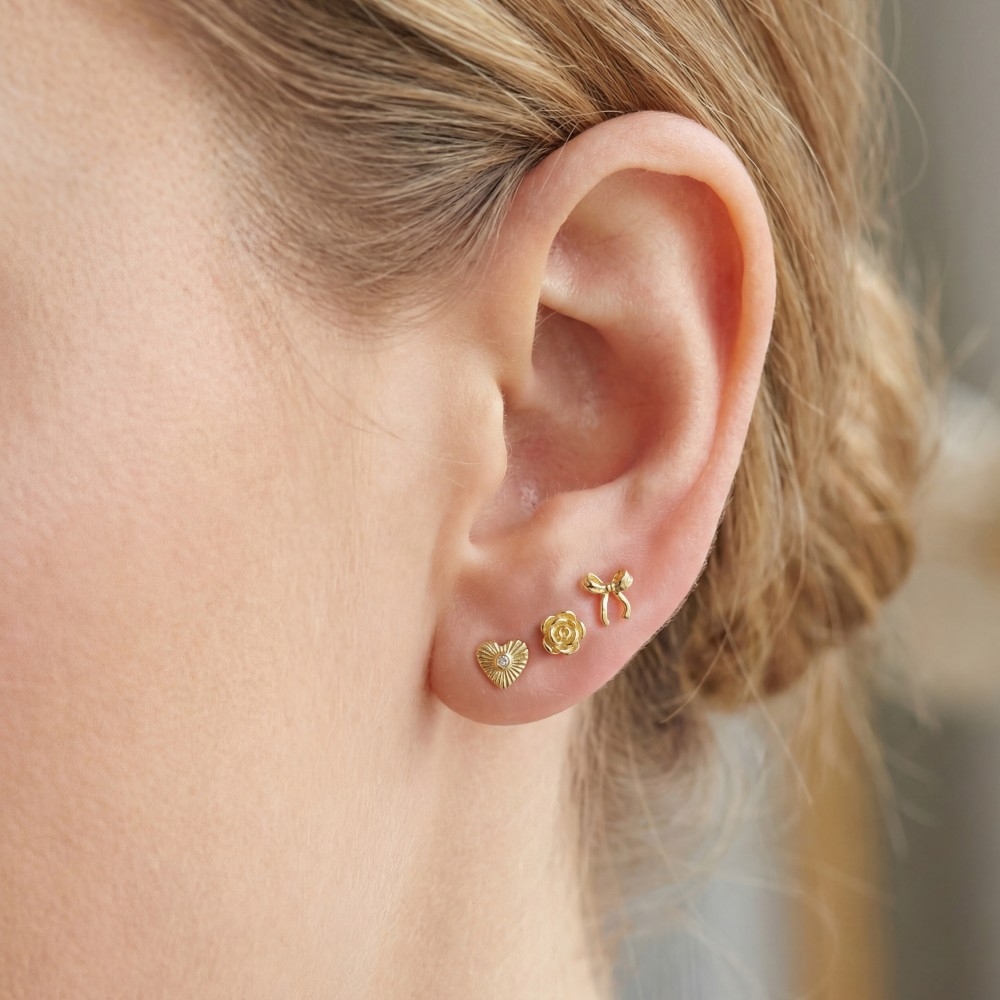 Sterling Silver Heart Bow Flower Stud Earrings Set