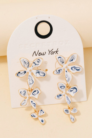 Blue Ceramic Flower Link Chain Dangle Earrings