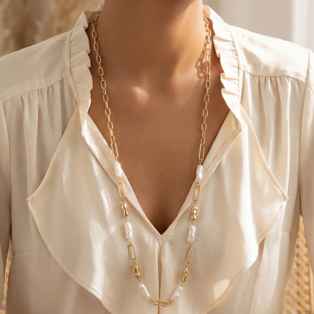 Pearl And Metallic Bar Chain Long Necklace Set