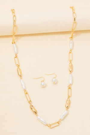 Pearl And Metallic Bar Chain Long Necklace Set