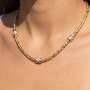 Triple Station Cz Wheat Chain Necklace