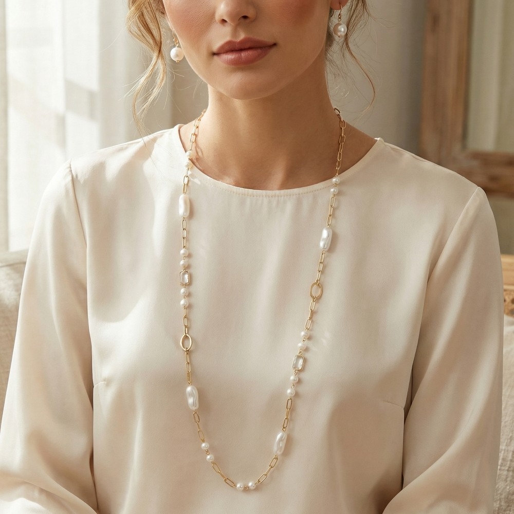 Long Pearl Station Chain Necklace Set