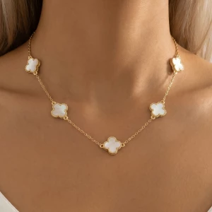 Mother Of Pearl Clover Bezel Station Necklace