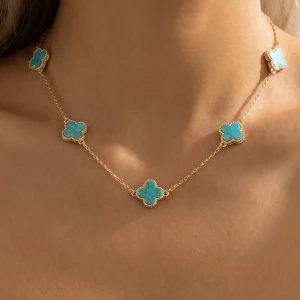 Turquoise Stone Clover Station Necklace
