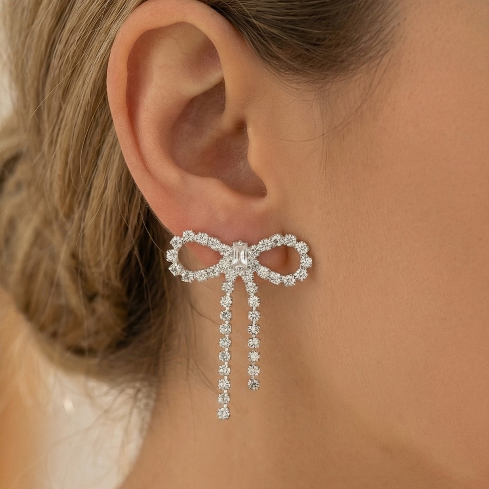 Crystal Rhinestone Bow Drop Earrings
