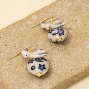 Ceramic Bird And Heart Dangle Earrings