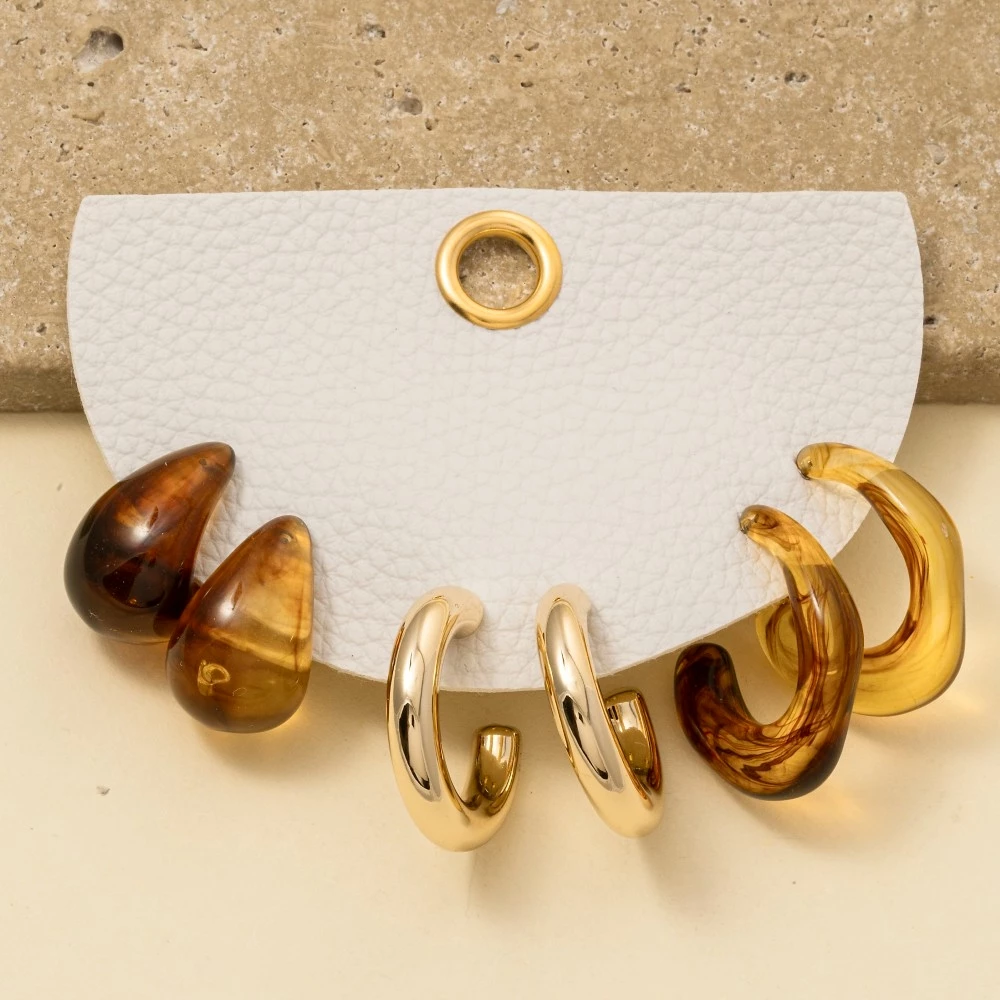 Metallic And Marble Resin Hoop Earrings Set