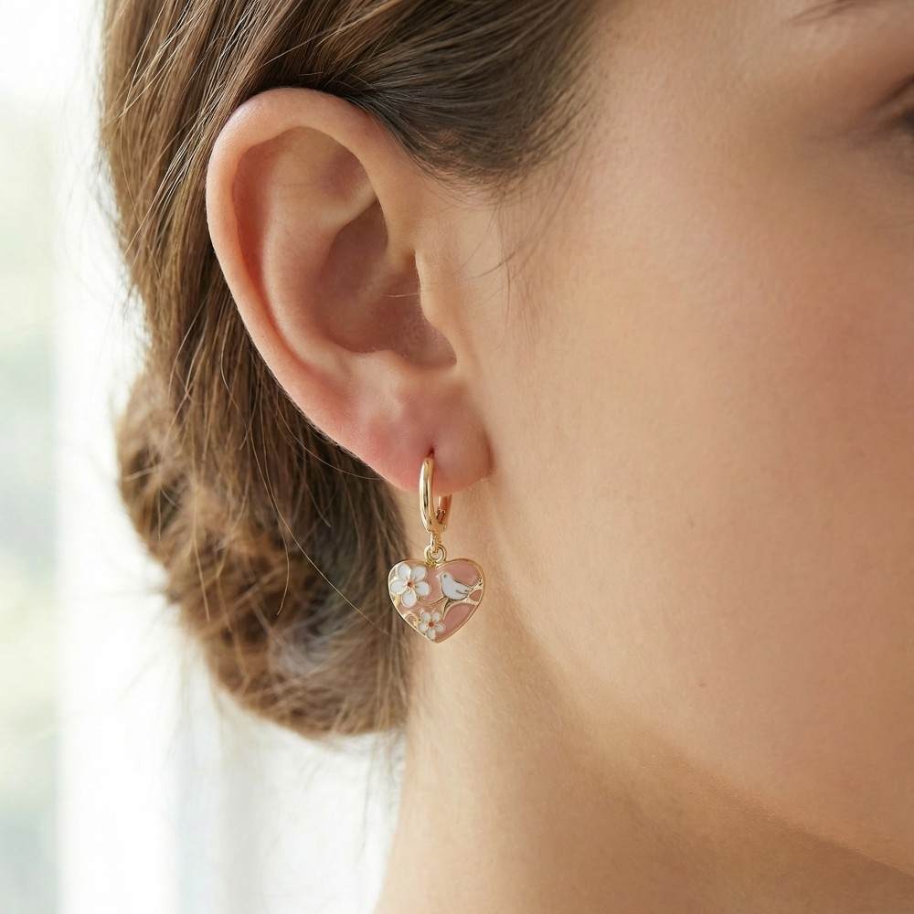 Floral Ceramic Heart Charm Hoop Earrings