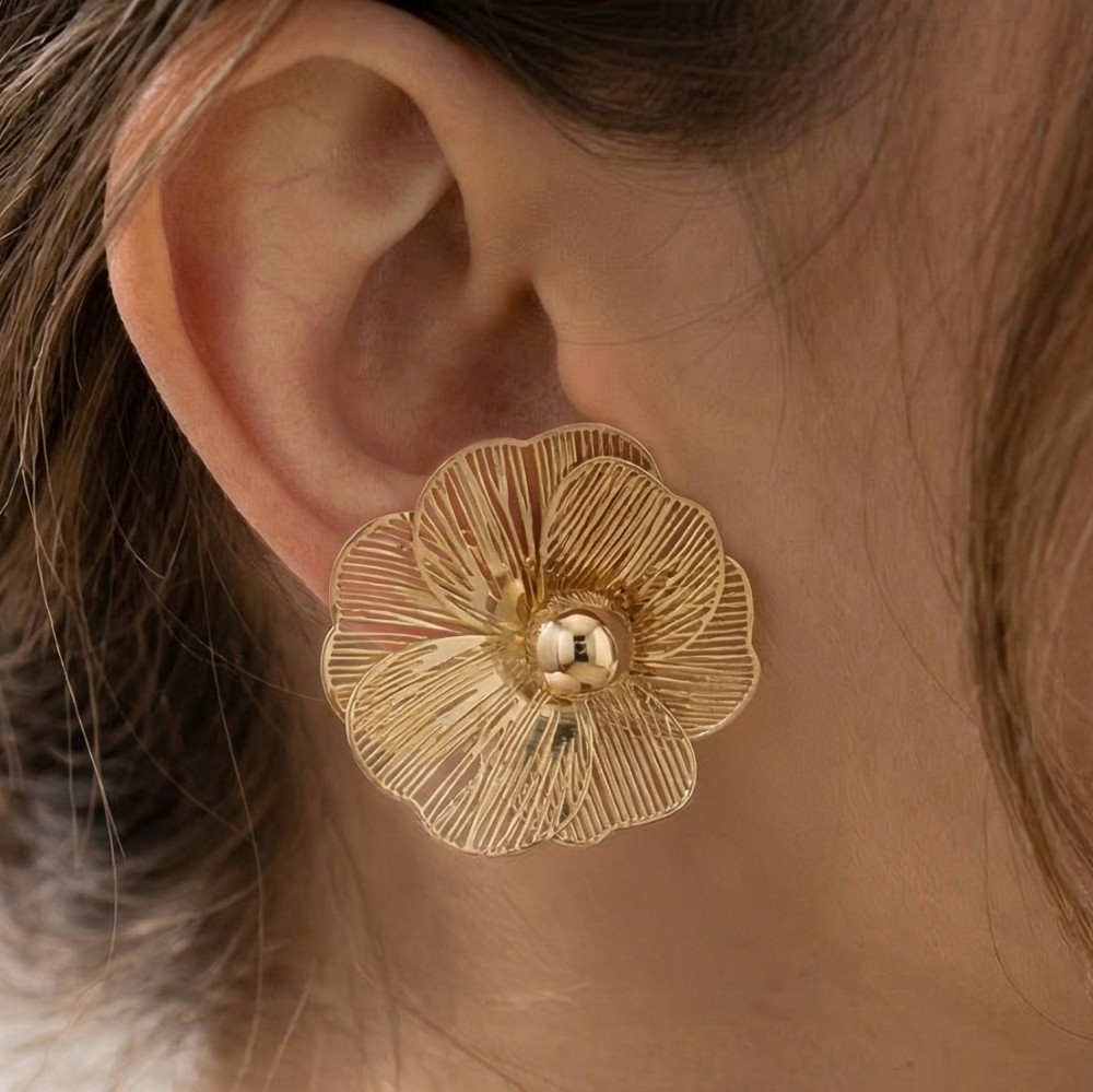 Oversized Chunky Gold Filigree Flower Stud Earrings