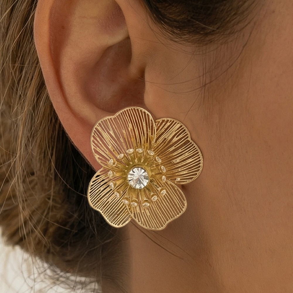 Gold Filigree Flower Cz Center Stud Earrings