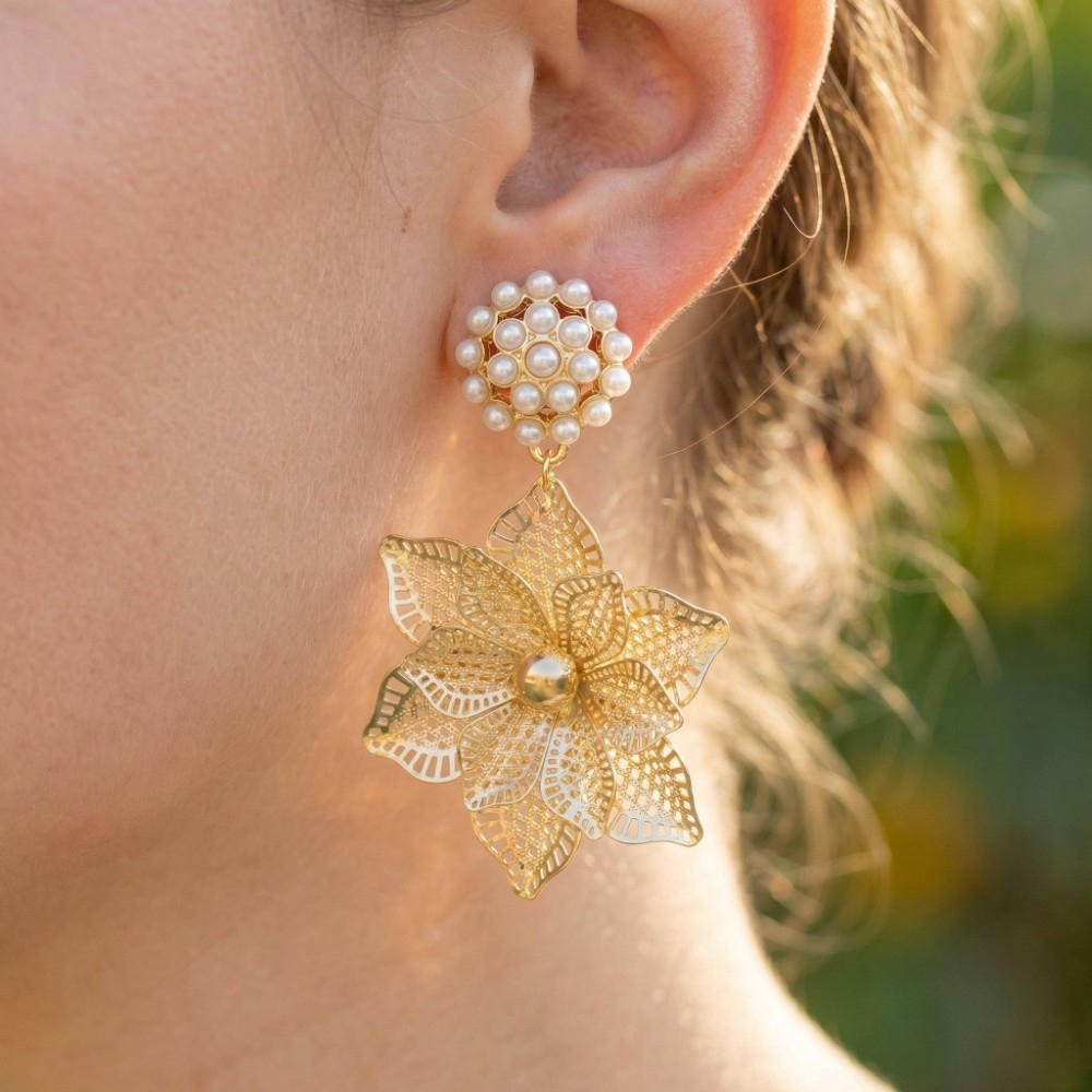 Pearl & Gold Filigree Flower Drop Earrings