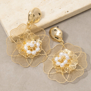 Gold Filigree Flower Pearl Center Drop Earrings