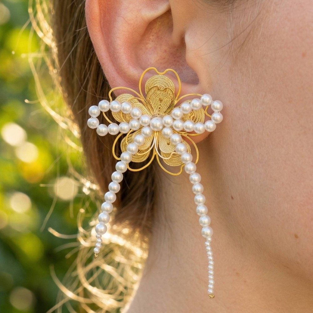 Gold Filigree Flower & Pearl Bow Drop Earrings