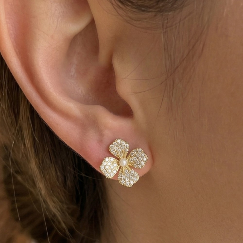 Cz Pave Flower Pearl Center Stud Earrings