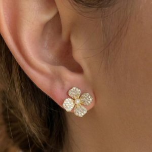 Cz Pave Flower Pearl Center Stud Earrings