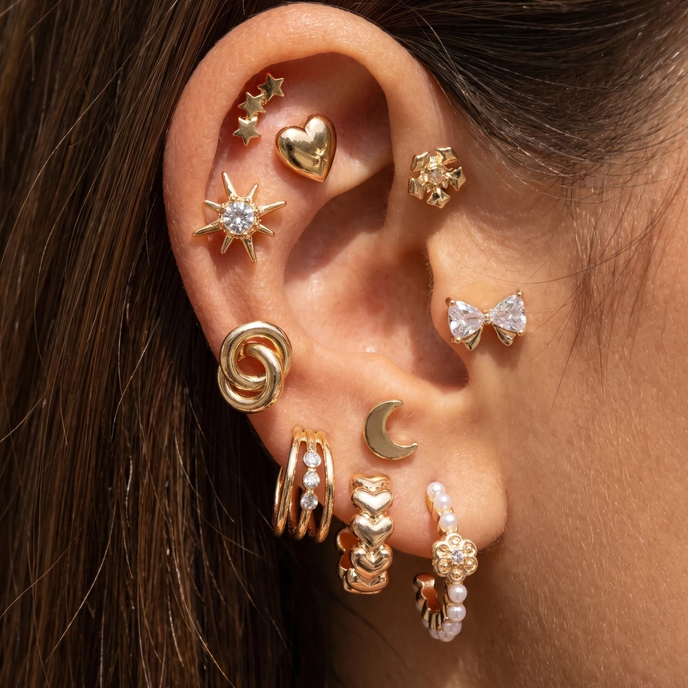 Celestial Heart And Bow Stud Earring Set