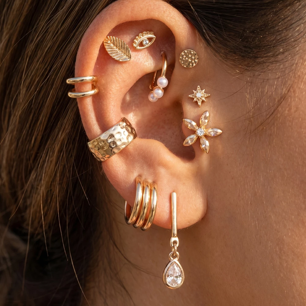 Leaf Flower And Teardrop Cz Earrings Set