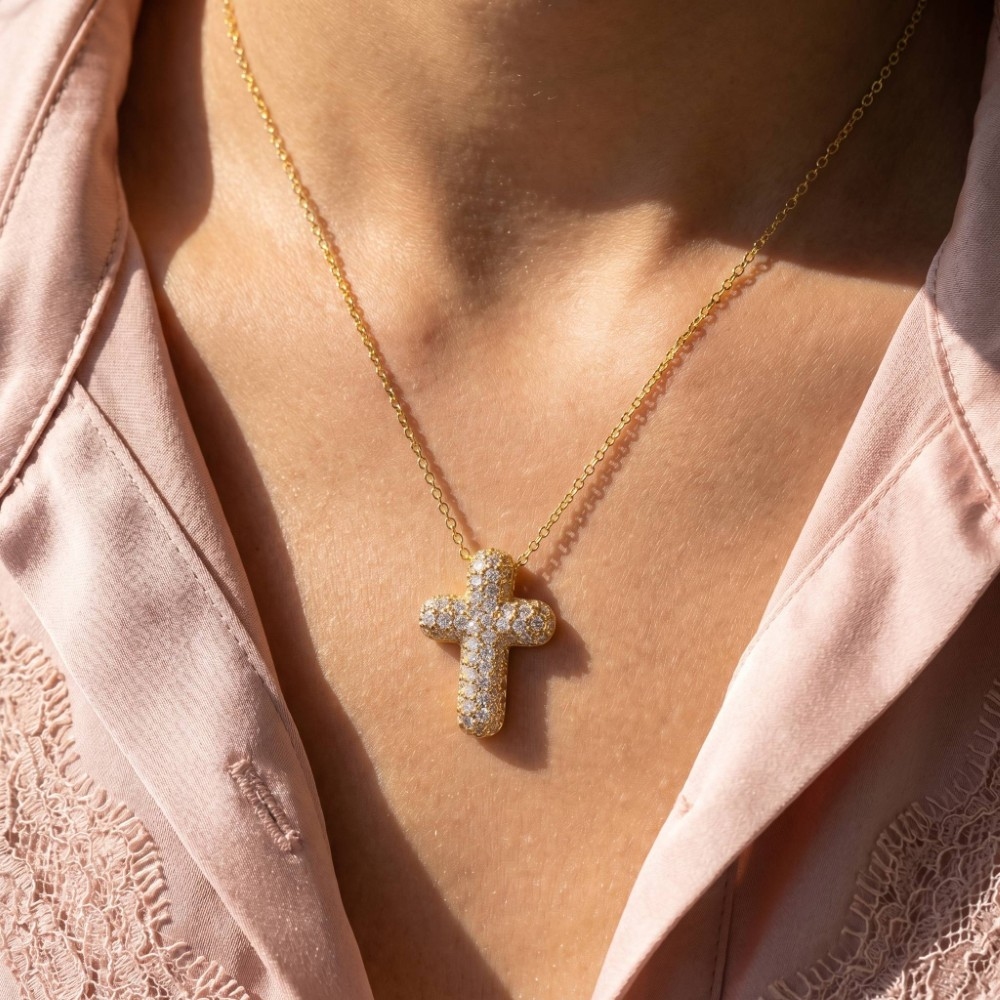 Gold Dipped Cz Pave Bubble Cross Pendant Necklace
