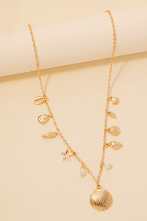 Mixed Sea Shells And Pearl Bead Charms Chain Necklace