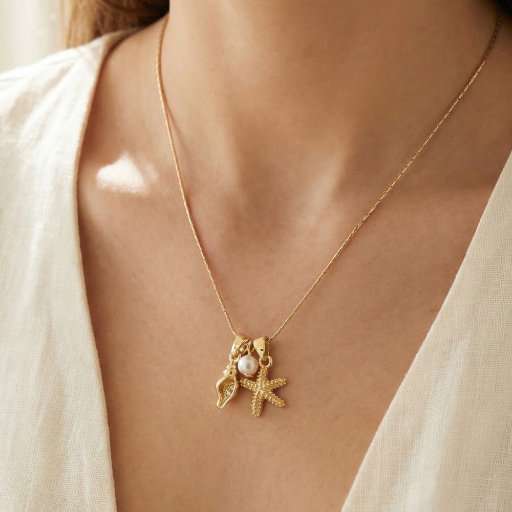 Seashell Starfish Pearl Charm Necklace