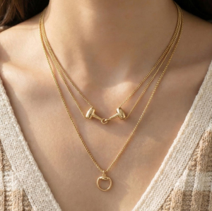 Layered Chain Interlock Bar Pendant Necklace
