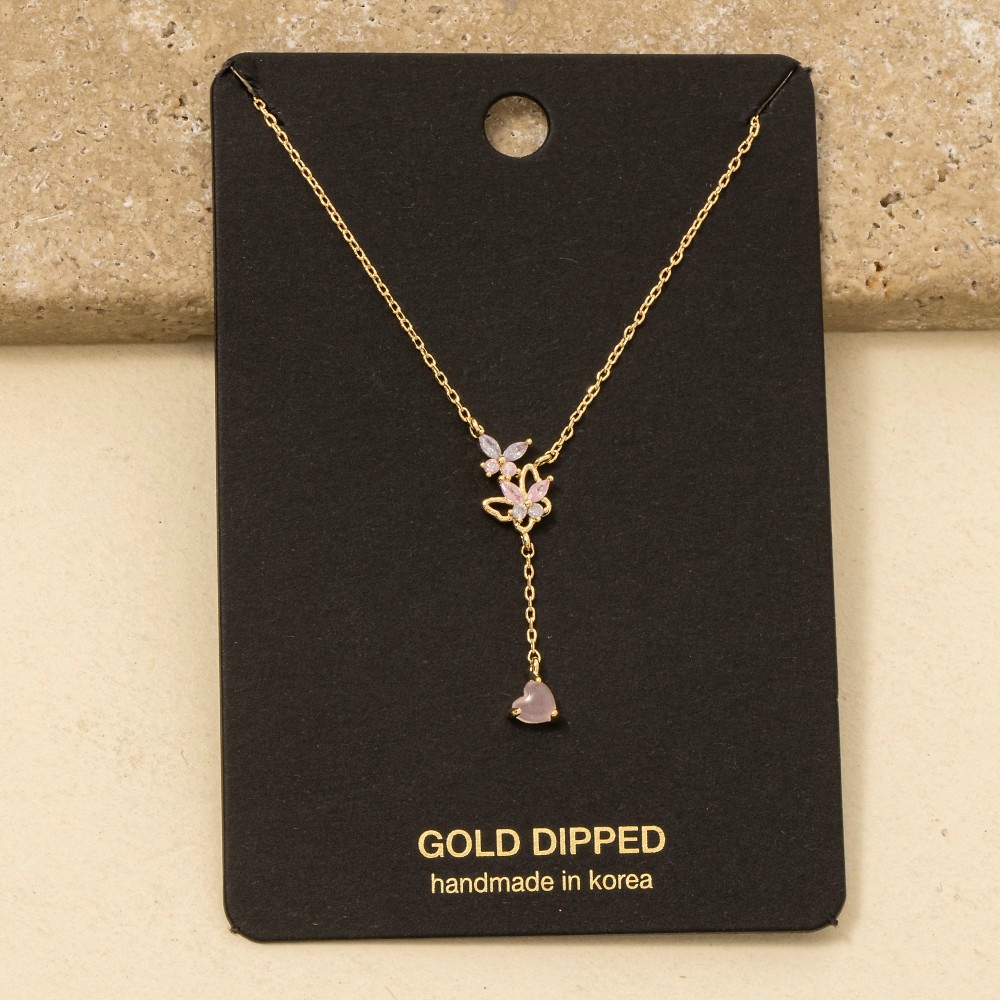 Gold Dipped Cz Butterfly And Heart Y Chain Necklace