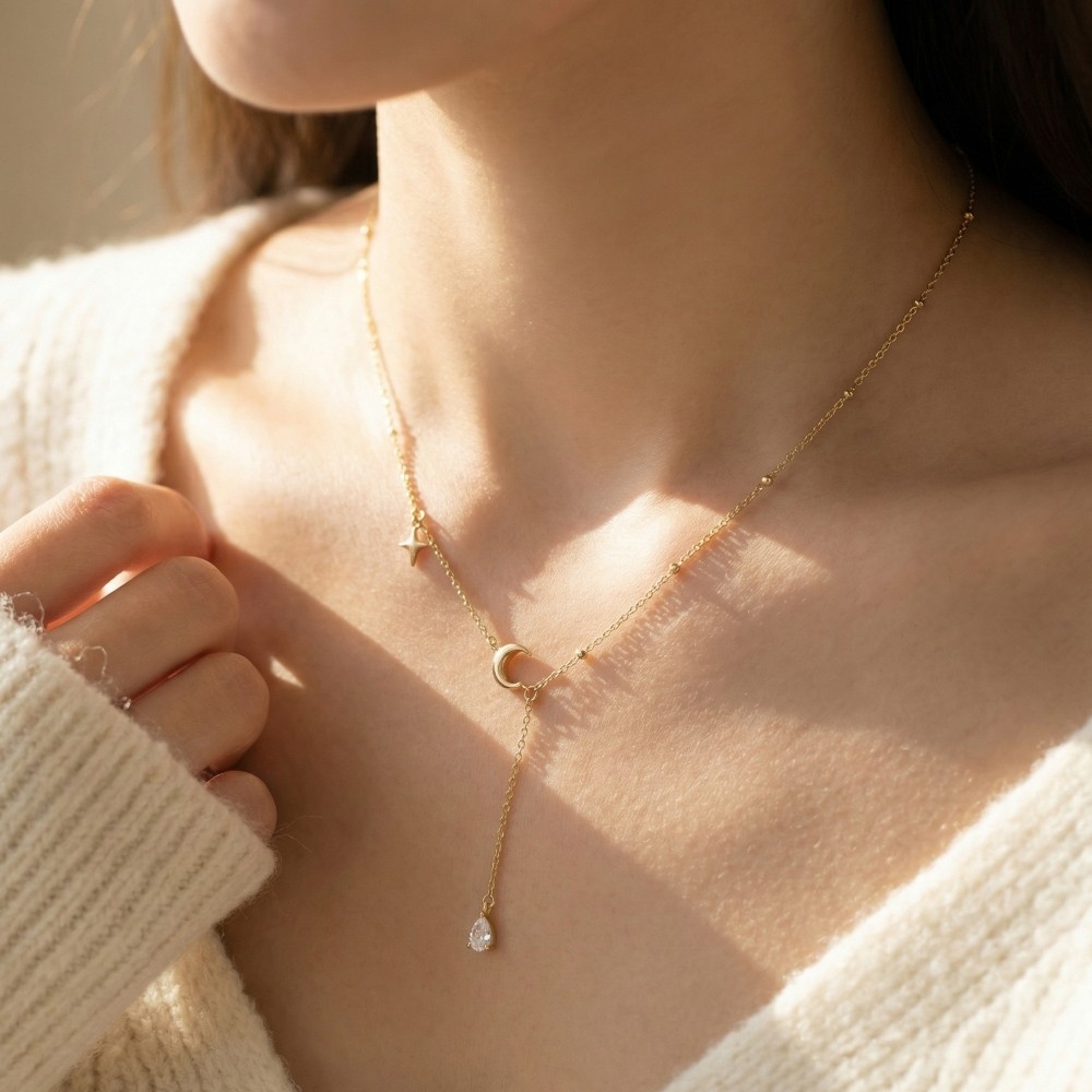 Moon And Star Cz Charm Y Necklace