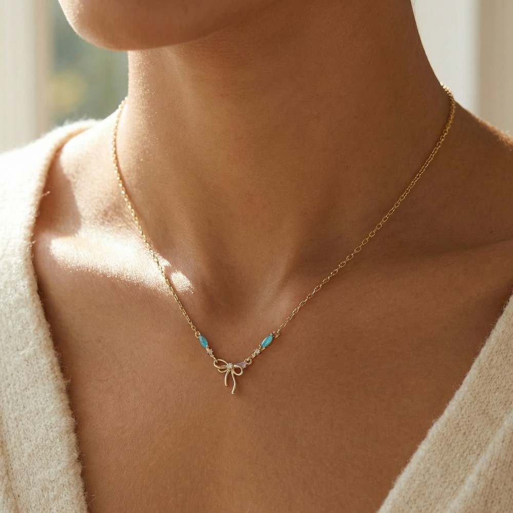 Dainty Ribbon Bow Cz Pendant Necklace