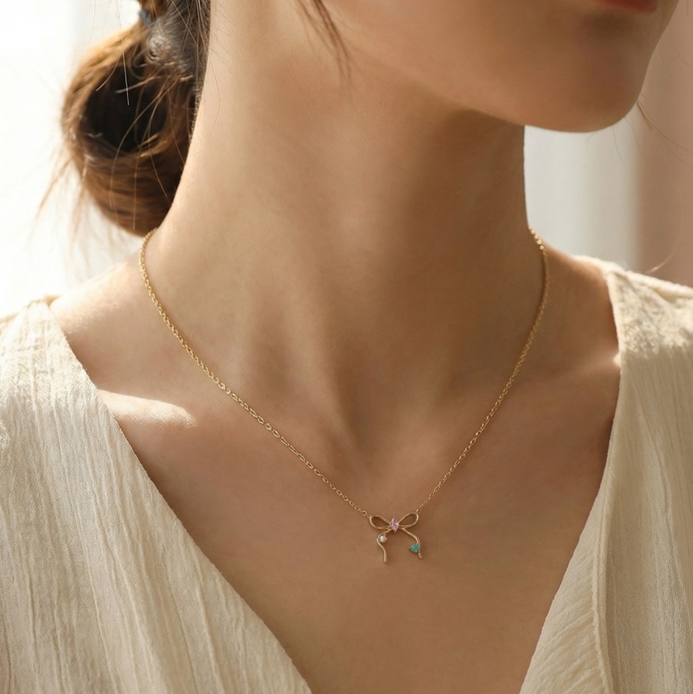Cz Thin Ribbon Bow Pendant Necklace