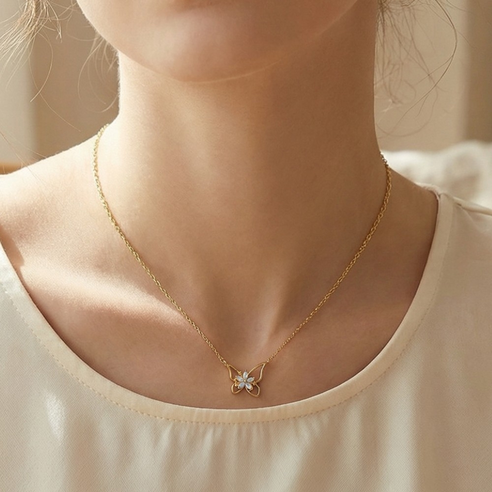 Floral Cz Butterfly Pendant Necklace