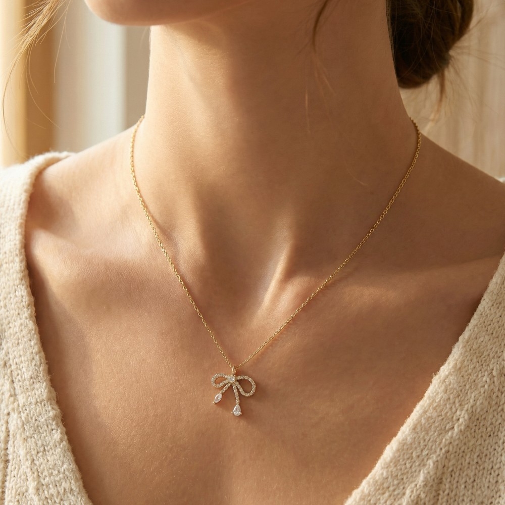 Pave Cz Ribbon Bow Pendant Necklace
