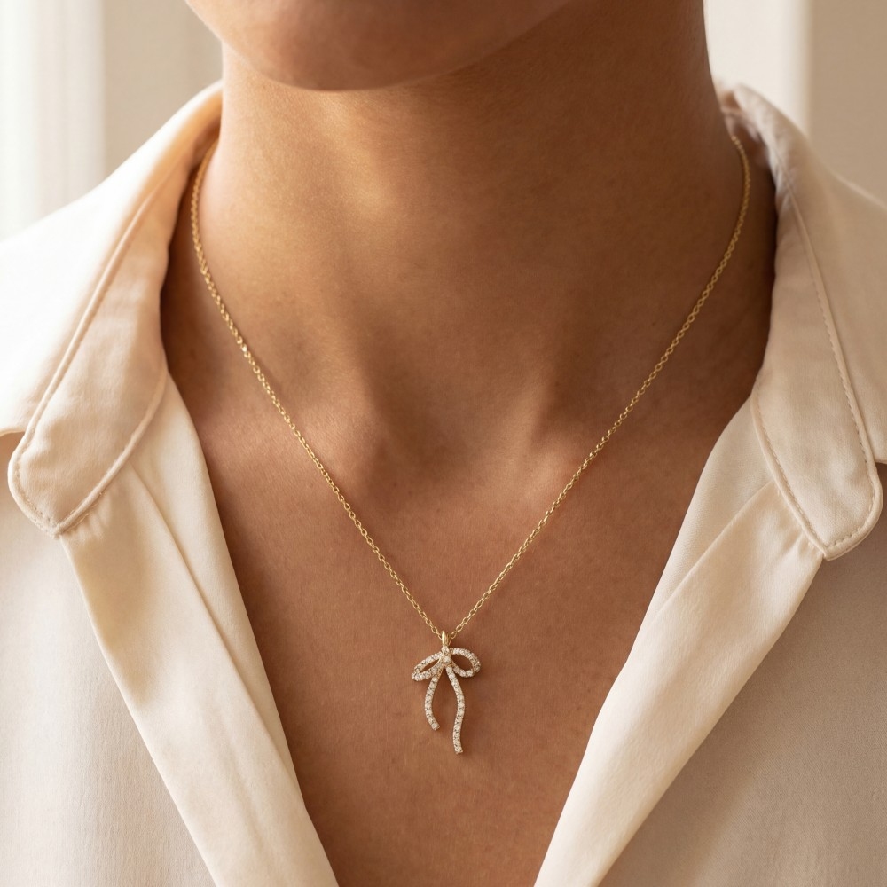 Pave Cz Ribbon Bow Pendant Necklace