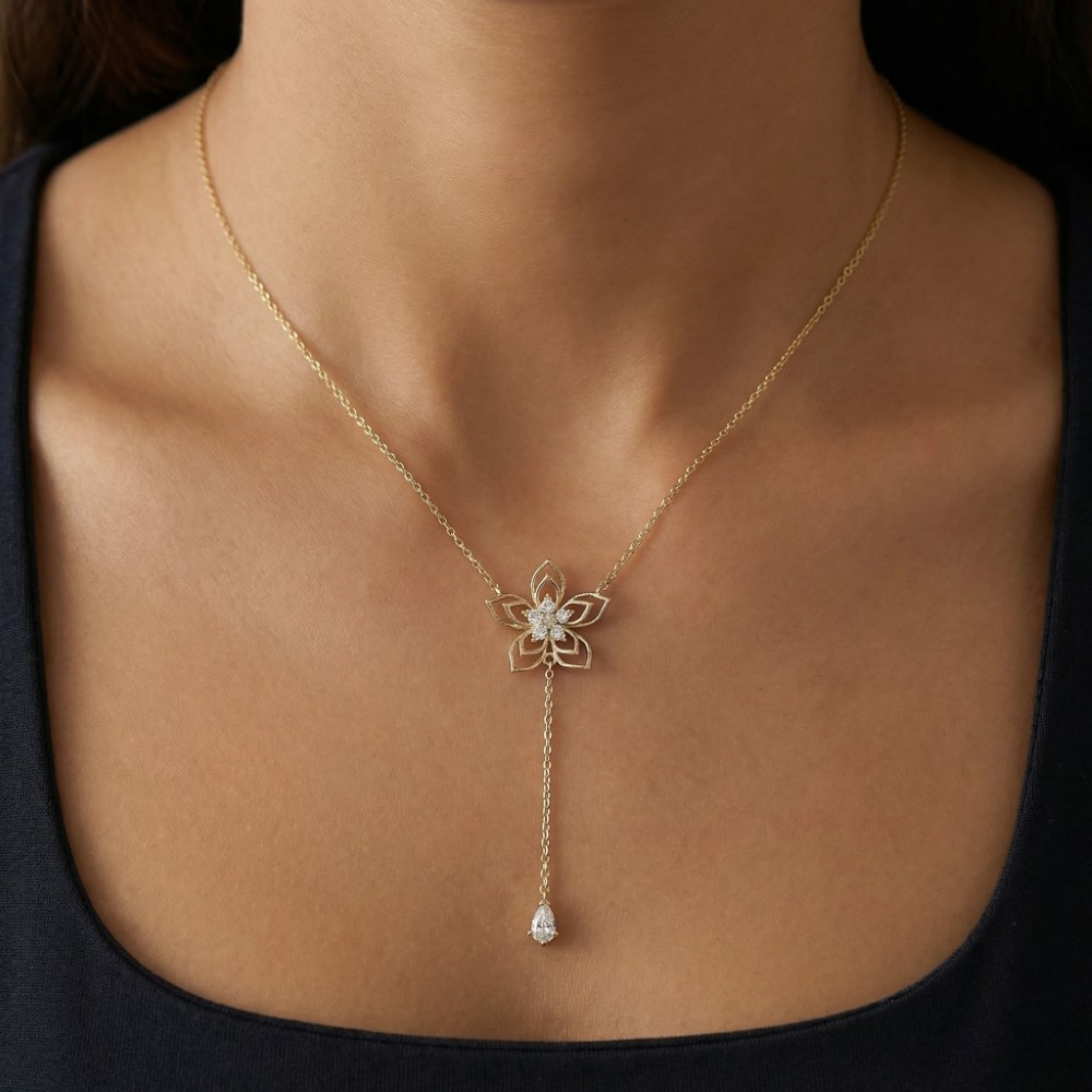 Cz Layered Flower Charm Teardrop Y Chain Necklace