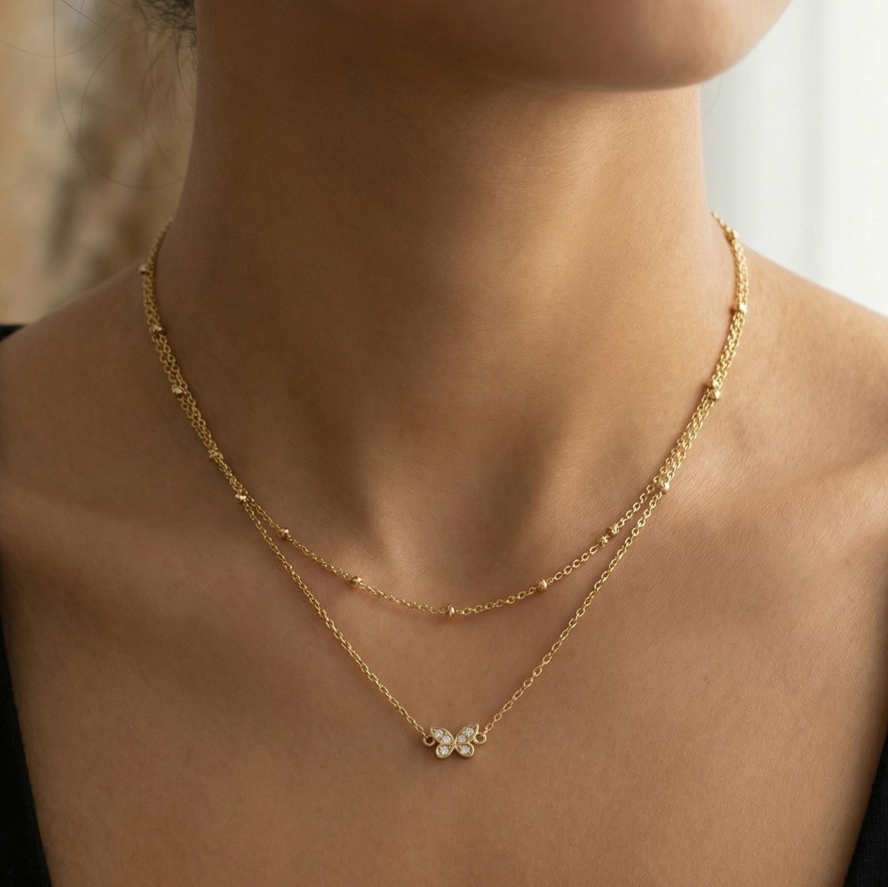 Layered Chain Cz Butterfly Pendant Necklace