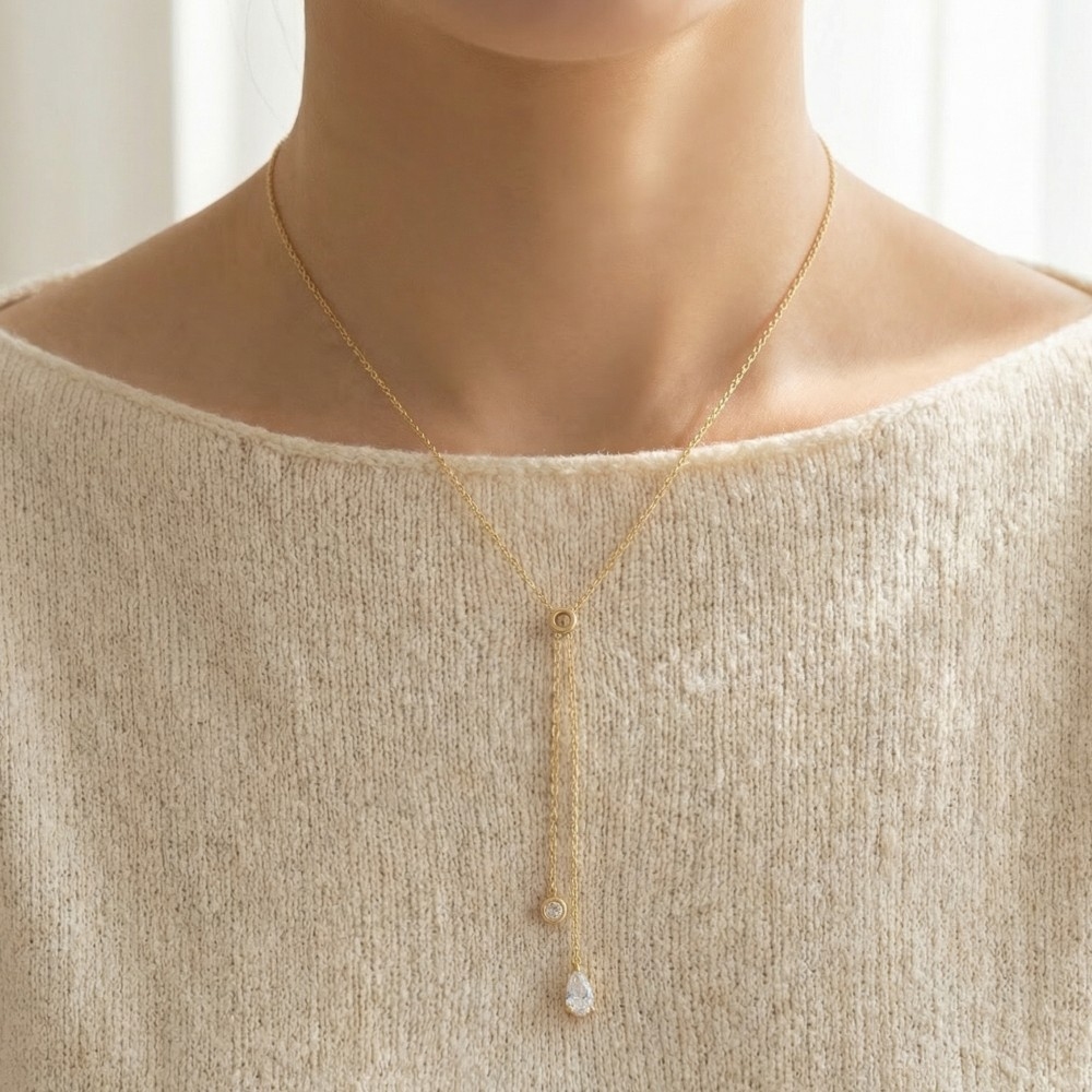 Cz Teardrop Charms Y Chain Necklace