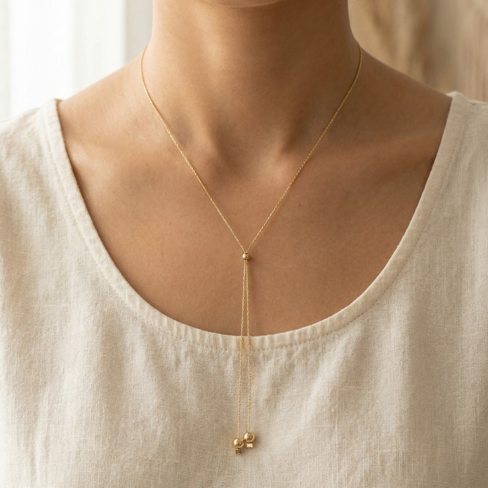 Chain Link Ball Bead Lariat Necklace