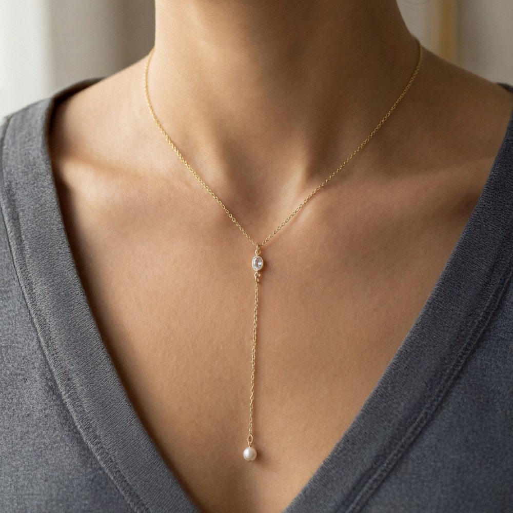 Cz Pearl Charm Y Chain Necklace