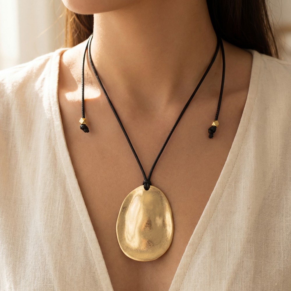Adjustable Cord Oval Metal Disc Pendant Necklace