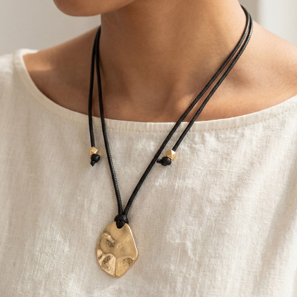 Adjustable Cord Hammered Disc Pendant Necklace