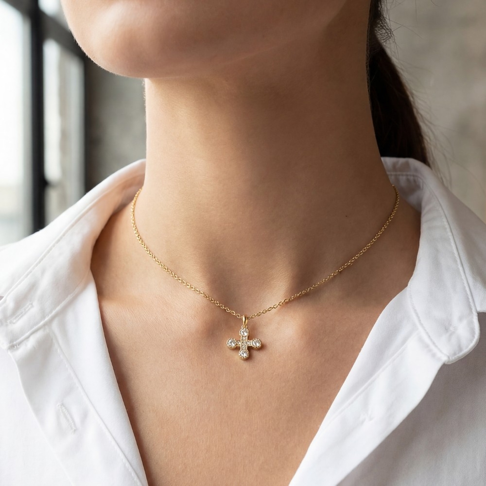 Circle And Pave Cz Cross Pendant Necklace