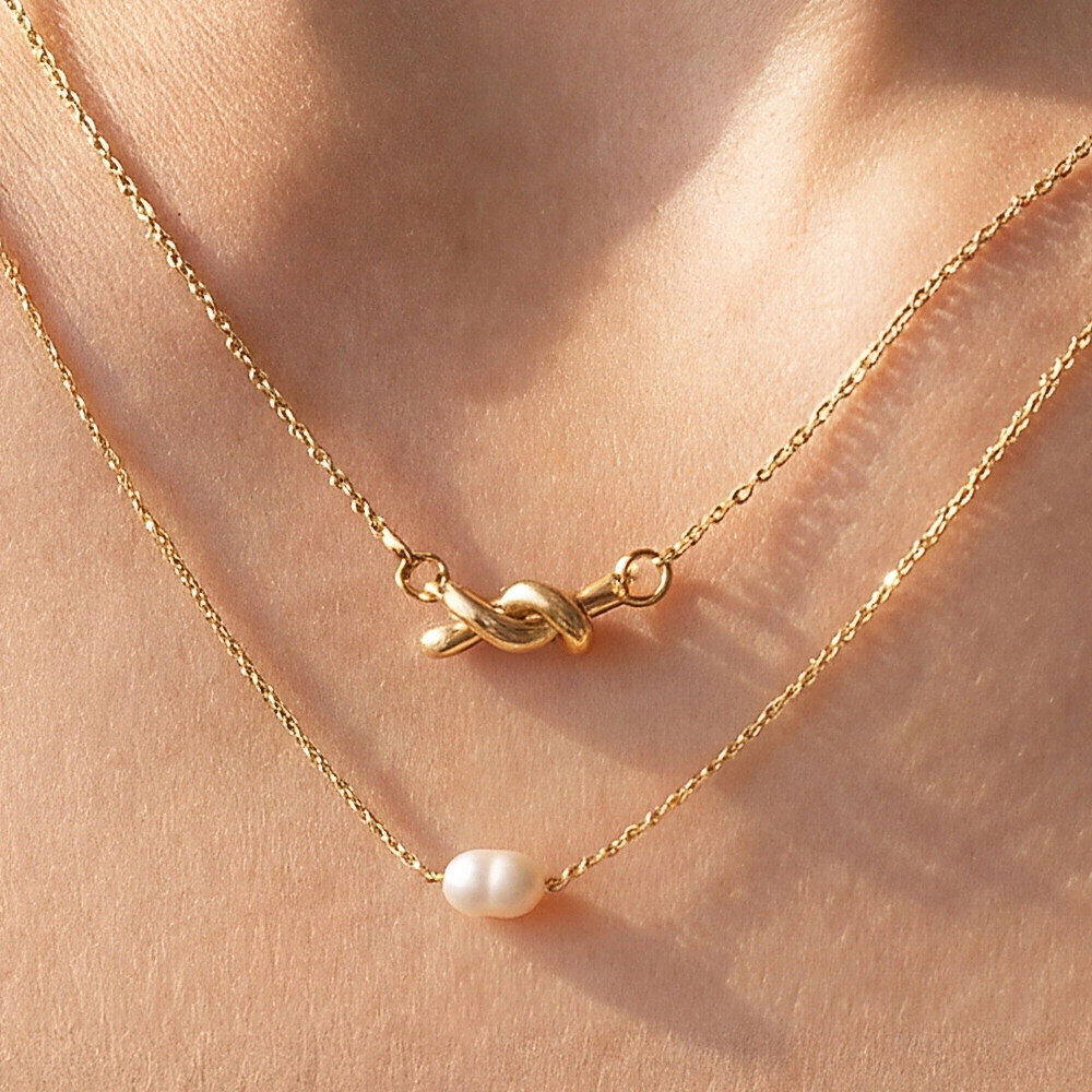 Layered Chain Knot And Pearl Pendant Necklace