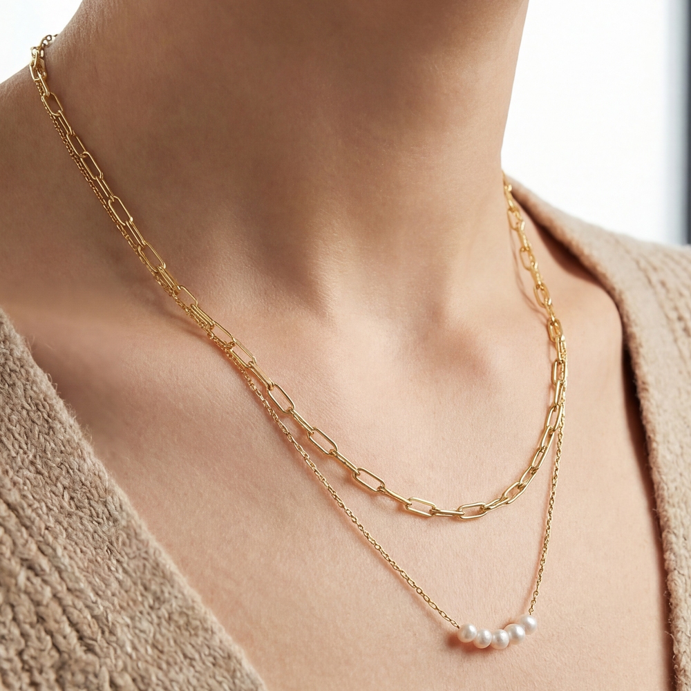Layered Chain Pearl Bead Charms Necklace