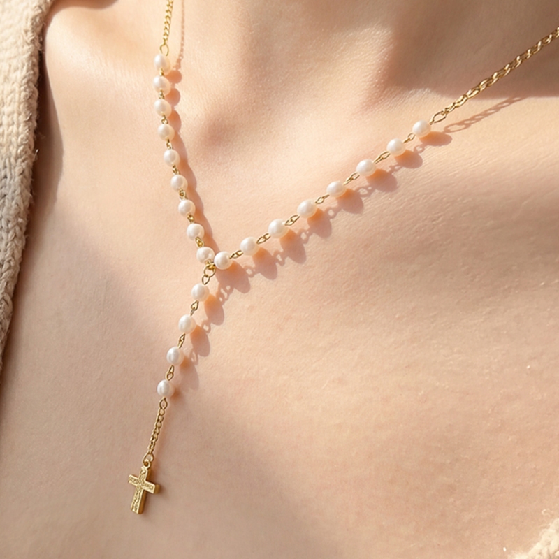 Pearl Beaded Y Chain Cross Pendant Necklace