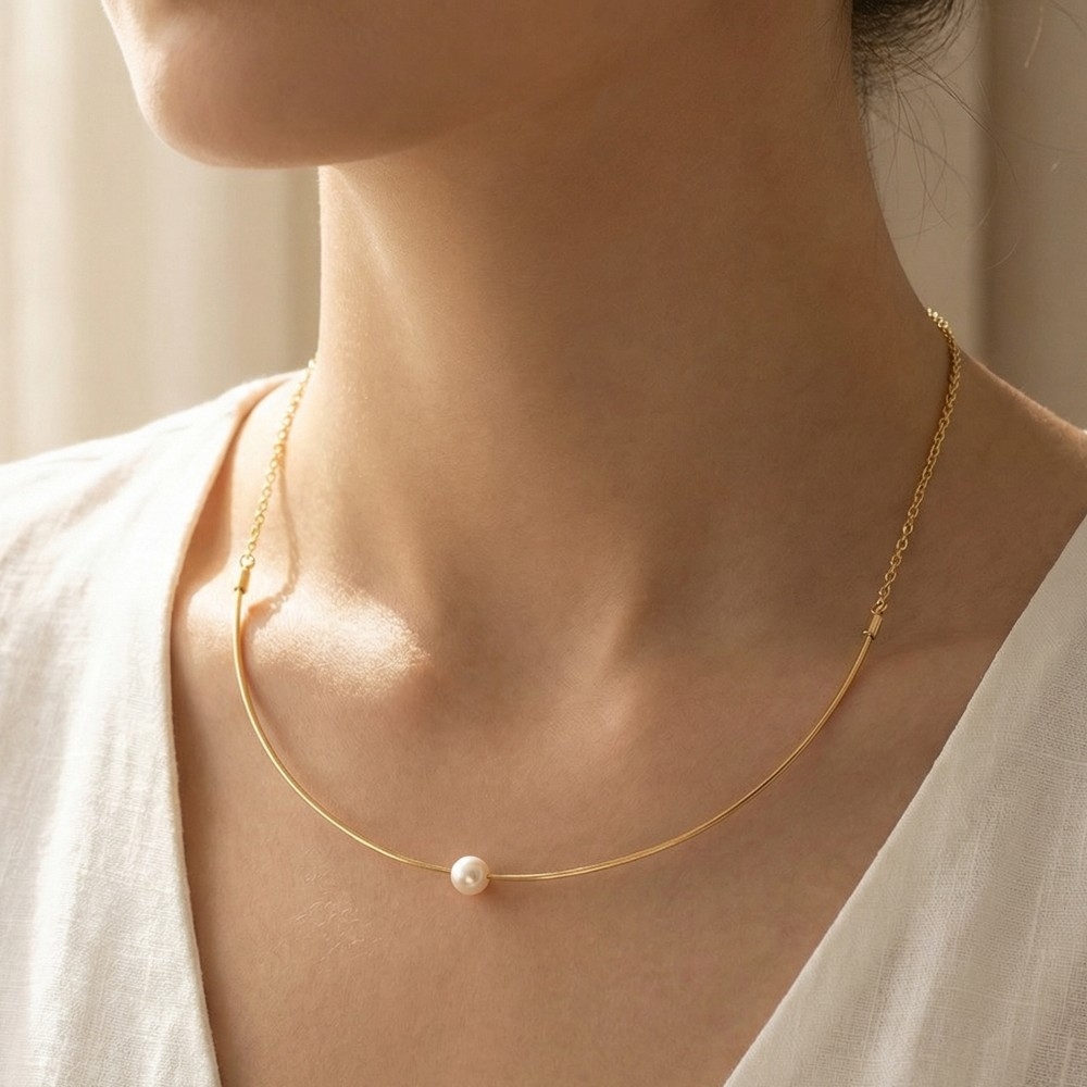 Chain Wire Pearl Bead Choker Necklace