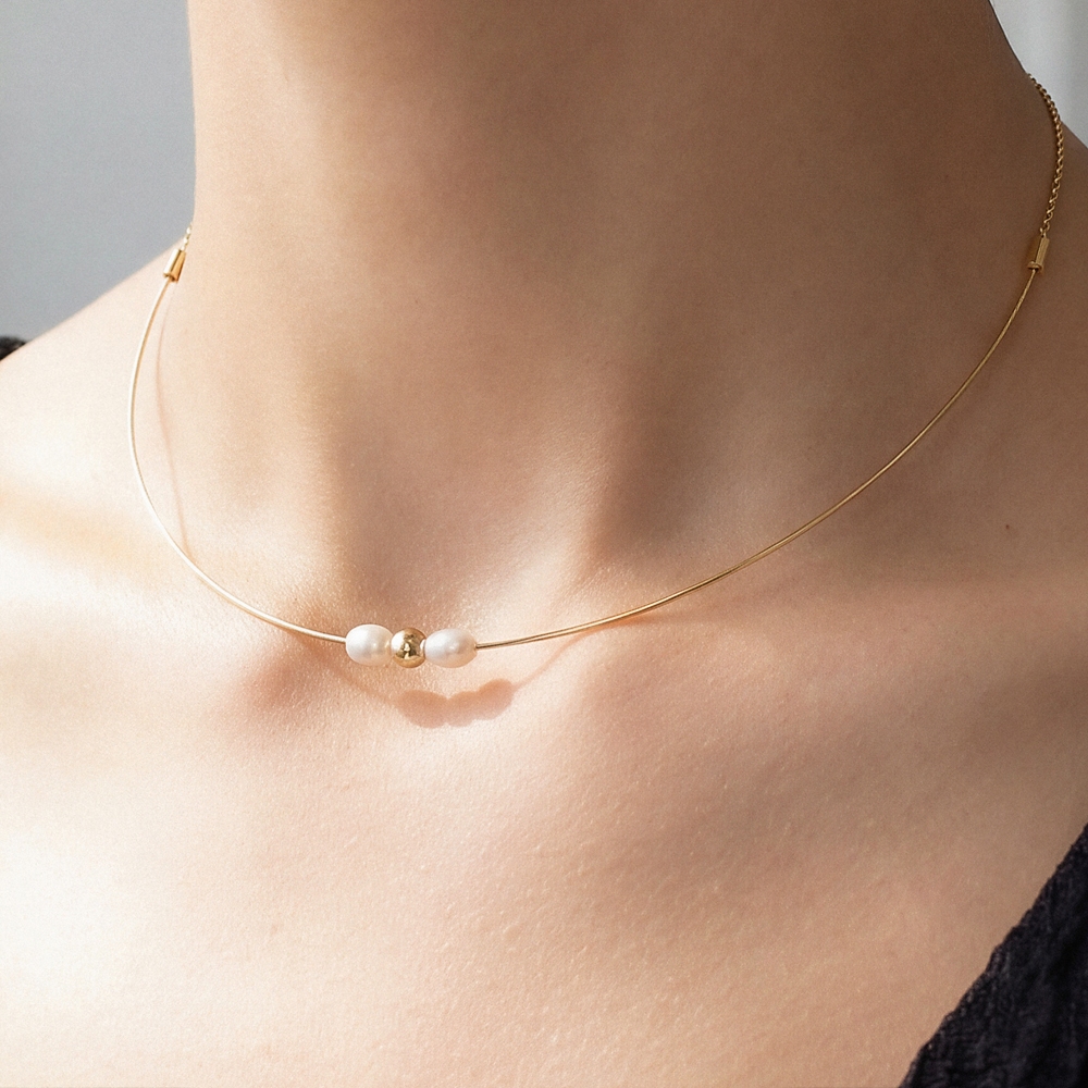 Dainty Chain Wire Pearl Charms Choker Necklace