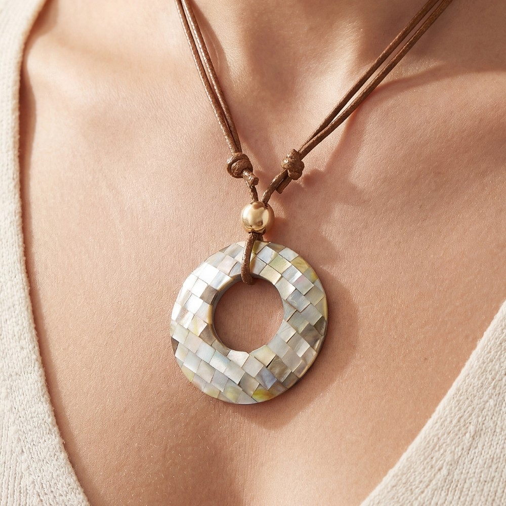 Mother Of Pearl Mosaic Hoop Pendant Layered Cord Necklace