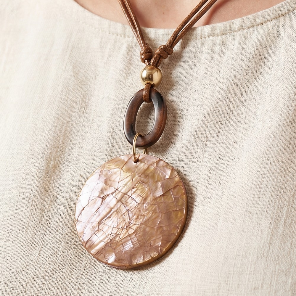 Mosaic Shell Disc And Wooden Hoop Pendant Cord Necklace