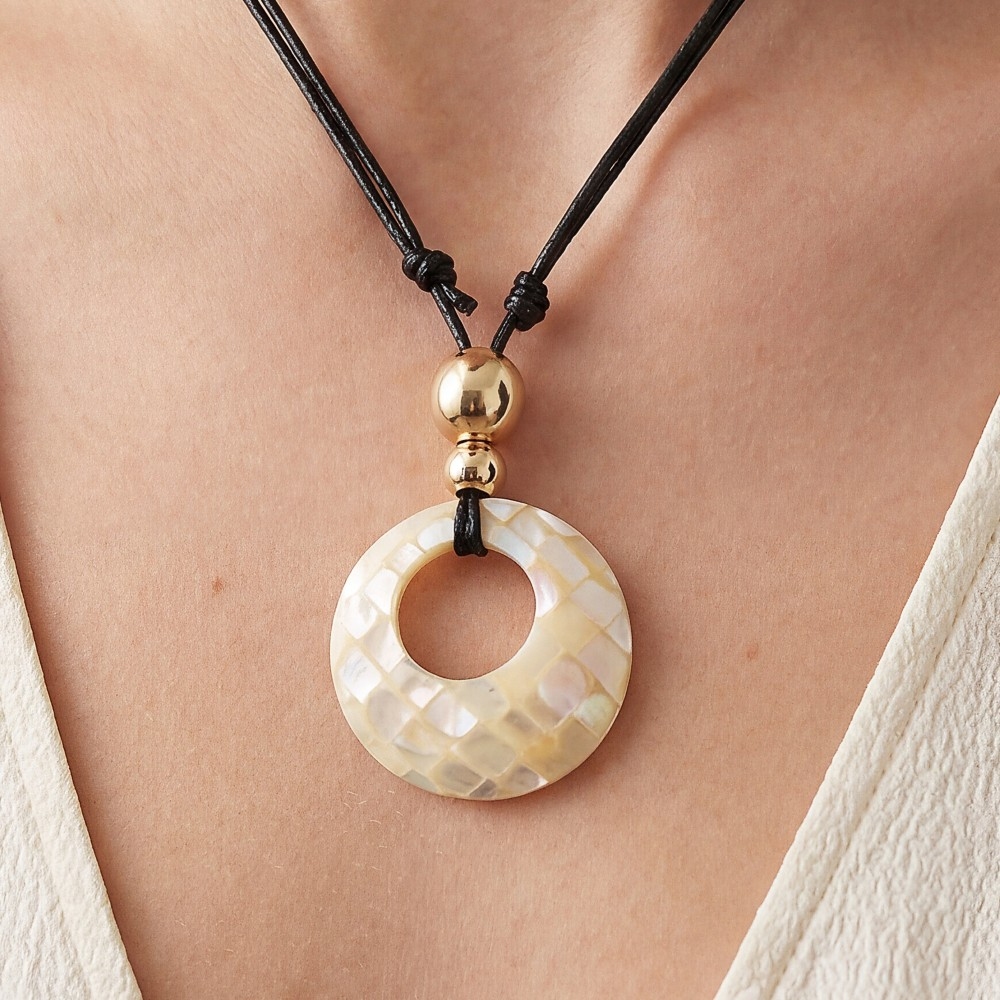 Mosaic Large Hoop Pendant Layered Cord Necklace